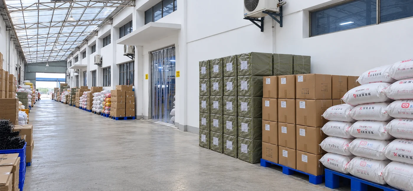 鸿信科技的包装供货仓库通道和整齐堆放的货物