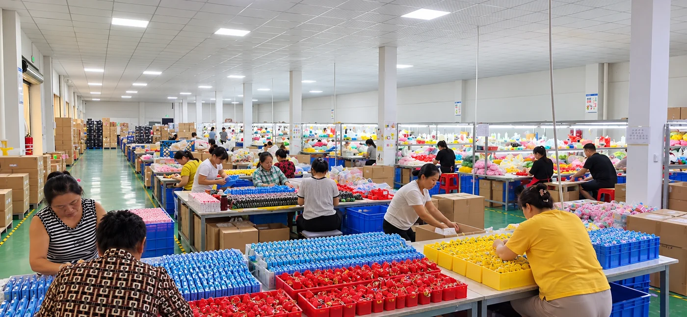 鸿信玩具员工在组装车间进行玩具组装